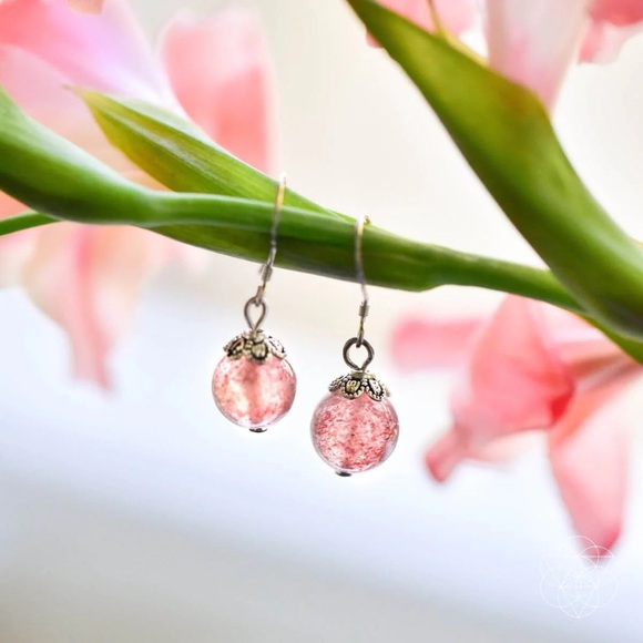 Vintage Jewelry - Sterling Silver Strawberry Quartz Dangle Earrings